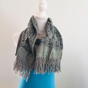 Indian grey paisley scarf wool silk woven fringe